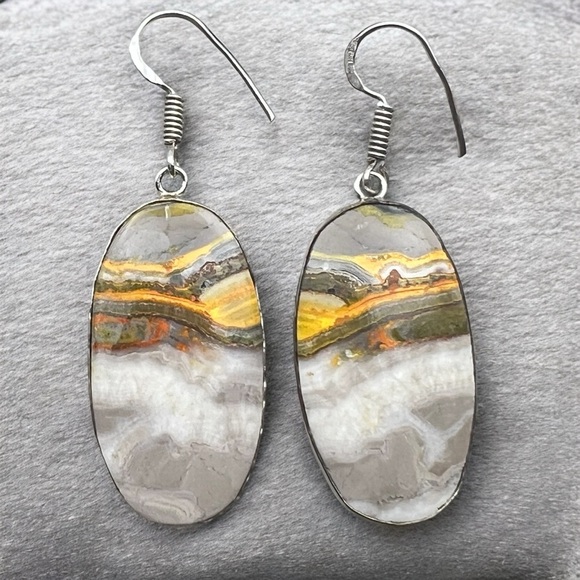 New Bumblebee Jasper Stone Silver Overlay Hook Earrings - Picture 1 of 6